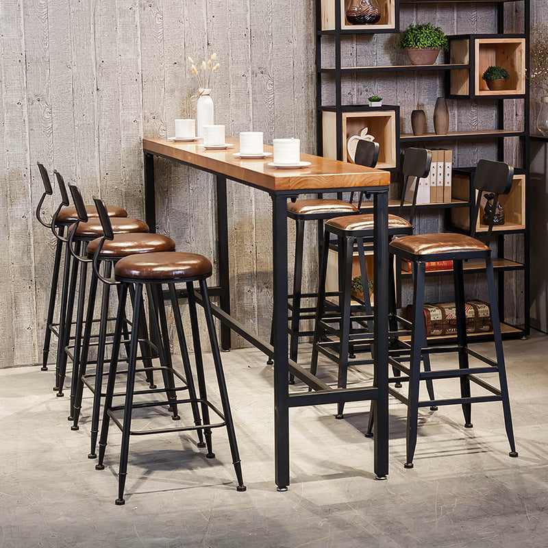 Brown Modern Style Bar Table Pinewood and Iron with Footrest Coffee Shop Table 86.6"L x 15.7"W x 41.3"H Without Chairs Clearhalo 'Bar Furniture' 'Bar Tables' 'bar_tables' 'furn' 'furn_bar_tables' 'Furniture' 'furniture_bar_tables' 'Kitchen & Dining Furniture' 4598233