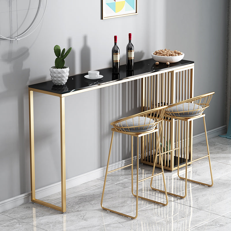 Marble Bistro Bar Desk with Rectangle Table Top Double Pedestal Table - 41.3" H 70.9"L x 15.7"W x 41.3"H Gold-Black Without Chairs Clearhalo 'Bar Furniture' 'Bar Tables' 'bar_tables' 'furn' 'furn_bar_tables' 'Furniture' 'furniture_bar_tables' 'Kitchen & Dining Furniture' 4598344