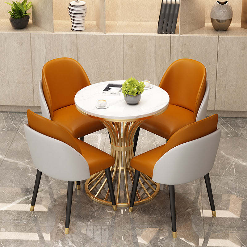 Glam Style 1/2/3/4/5 Pieces Gold Base Dining Set Stone Top Kitchen Set for Dining Room 5 Pieces: White Table, 4 Orange Chairs Clearhalo 'Dining Room Sets' 'Dining Tables & Seating' 'dining_room_set' 'furn' 'furn_dining_room_set' 'Furniture' 'furniture_dining_room_set' 'Kitchen & Dining Furniture' 'kitchen&dining_furn' 'kitchen' 4599451