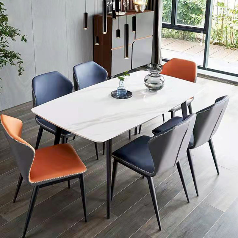 Modern 1/2/5/7 Pieces Dining Table Set with Sintered Stone Top Gery Rectangle Dinette Set 7 Pieces: Table, 4 Dark-blue+2 Orange Chairs Clearhalo 'Dining Room Sets' 'Dining Tables & Seating' 'dining_room_set' 'furn' 'furn_dining_room_set' 'Furniture' 'furniture_dining_room_set' 'Kitchen & Dining Furniture' 'kitchen&dining_furn' 'kitchen' 4599520