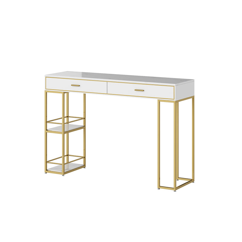 Glam Bar Table with Rectangle Top Double Pedestal Table-41.3" H White-Gold Stone Without Chairs Clearhalo 'Bar Furniture' 'Bar Tables' 'bar_tables' 'furn' 'furn_bar_tables' 'Furniture' 'furniture_bar_tables' 'Kitchen & Dining Furniture' 4610925