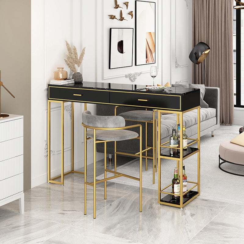 Marble Table with Rectangle Table Top Gold Double Pedestal Table- 41.3" H 55.1"L x 15.7"W x 41.3"H Gold-Black Faux Marble Clearhalo 'Bar Furniture' 'Bar Tables' 'bar_tables' 'furn' 'furn_bar_tables' 'Furniture' 'furniture_bar_tables' 'Kitchen & Dining Furniture' 4610940