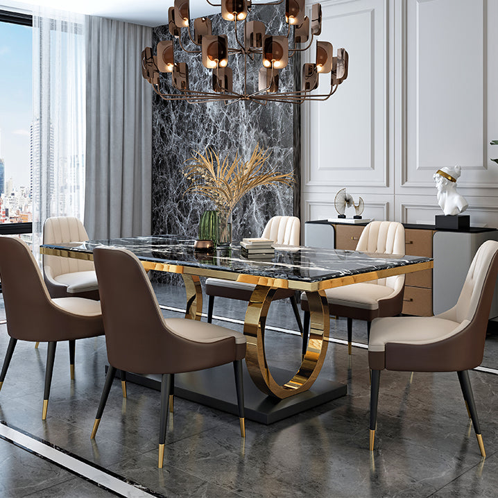 Modern 1/4/5/6/7 Pieces Black Dining Table Set with Marble Top Rectangle Dinette Set 7 Pieces: Table, 6 Chairs Clearhalo 'Dining Room Sets' 'Dining Tables & Seating' 'dining_room_set' 'furn' 'furn_dining_room_set' 'Furniture' 'furniture_dining_room_set' 'Kitchen & Dining Furniture' 'kitchen&dining_furn' 'kitchen' 4612012