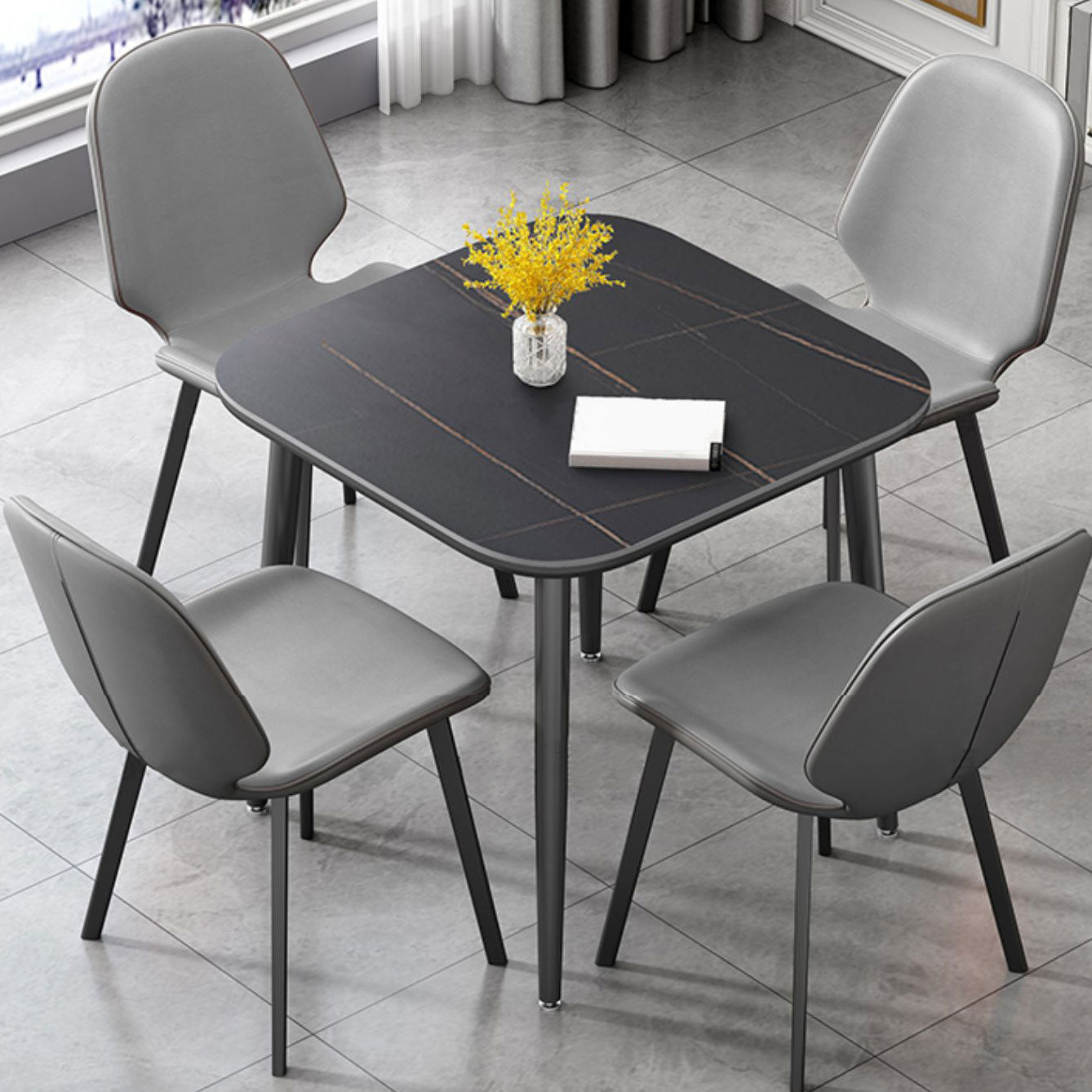 Metal Industrial Dinette Table Sintered Stone Top Table with 4 Legs Square Black Without Chairs Clearhalo ' dining_table' 'Dining Tables & Seating' 'Dining Tables' 'furn' 'furn_dining_table' 'Furniture' 'furniture_dining_table' 'Kitchen & Dining Furniture' 'kitchen&dining_furn' 'kitchen' 'kitchen_dining_table' 4621419