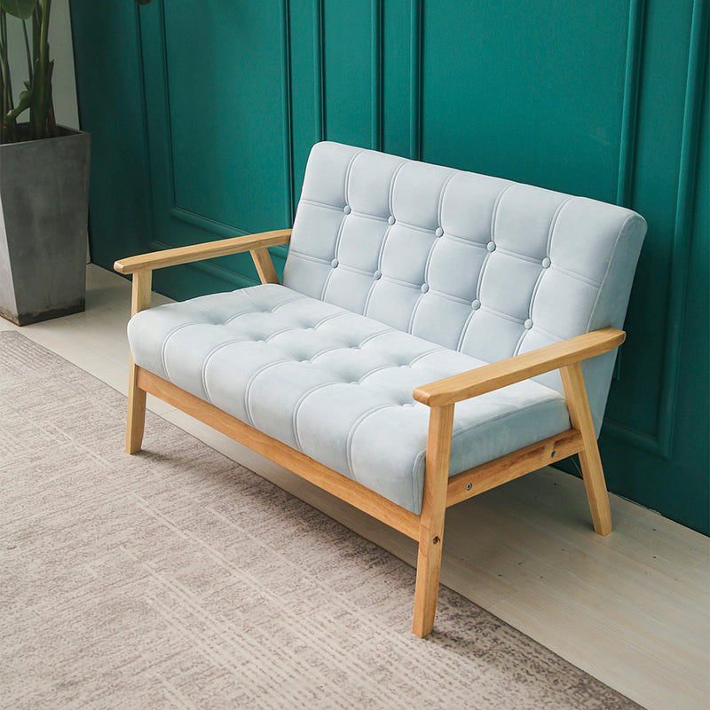 Brown Modern Biscuit Back Genuine Leather Standard Sofa 27.56"High Square Arm Sofa Light Blue Natural Wood Clearhalo 'furn' 'furn_sofas' 'Furniture' 'Living Room Furniture' 'Sofa' 'sofas' 4638592