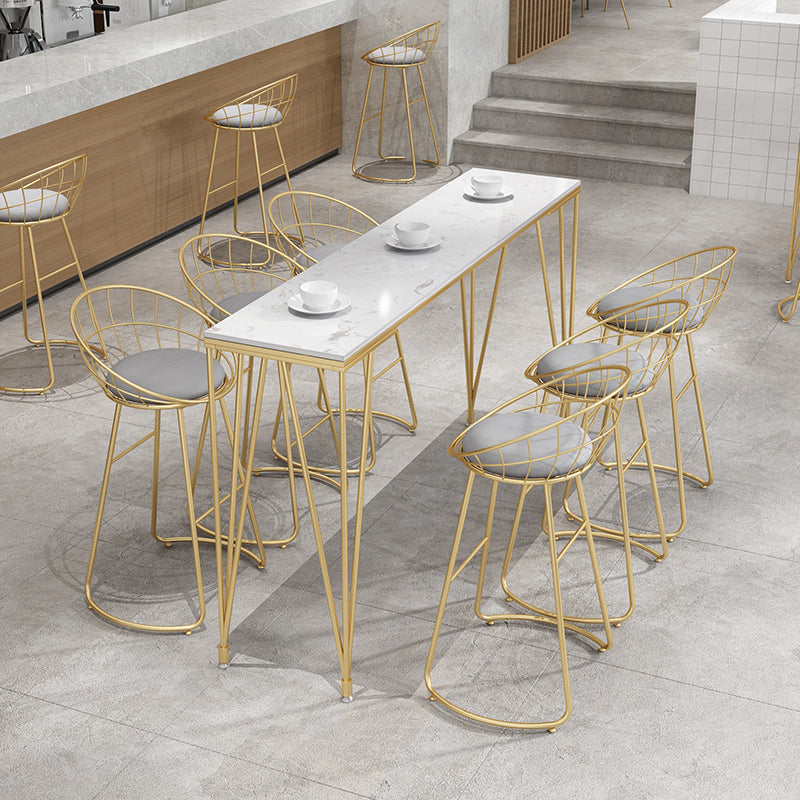 White and Black Glam Style Bar Table in Gold Metal Foot and Marble Milk Tea Shop Table 110.2"L x 15.7"W x 41.3"H White Without Chairs Clearhalo 'Bar Furniture' 'Bar Tables' 'bar_tables' 'furn' 'furn_bar_tables' 'Furniture' 'furniture_bar_tables' 'Kitchen & Dining Furniture' 'kitchen&dining_furn' 'kitchen' 4638843