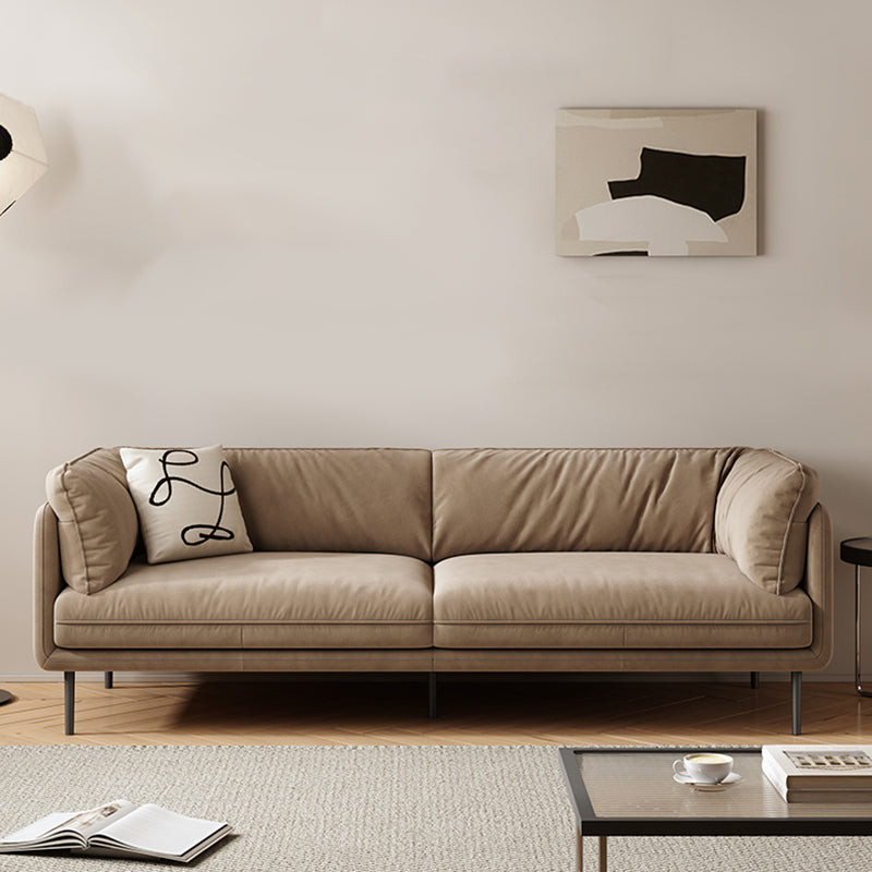 80"High Faux Leather Tuxedo Arm Sewn Pillow Back Sofa, Living Room 98.5"L x 39"W x 31.5"H Light Brown Clearhalo 'furn' 'furn_sofas' 'Furniture' 'furniture_sofas' 'kitchen' 'kitchen_sofas' 'Living Room Furniture' 'Sofa' 'sofas' 4647839