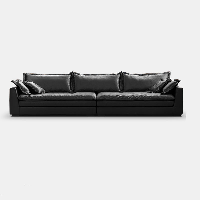 Black Contemporary Faux Leather Tuxedo Arm Sofa with Bolster Pillows for Living Room 142"L x 47"W x 24"H Clearhalo 'furn' 'furn_sofas' 'Furniture' 'furniture_sofas' 'kitchen' 'kitchen_sofas' 'Living Room Furniture' 'Sofa' 'sofas' 4648432