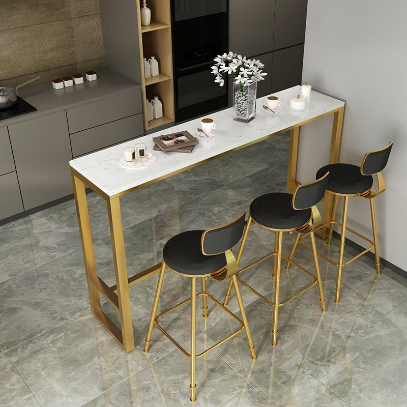 Marble & Wood Bar Dining Table with Rectangle Table Top Trestle Table - 41.3" H 70.9"L x 15.7"W x 41.3"H White-Gold Faux Marble Clearhalo 'Bar Furniture' 'Bar Tables' 'bar_tables' 'furn' 'furn_bar_tables' 'Furniture' 'furniture_bar_tables' 'Kitchen & Dining Furniture' 'kitchen&dining_furn' 'kitchen' 4653643