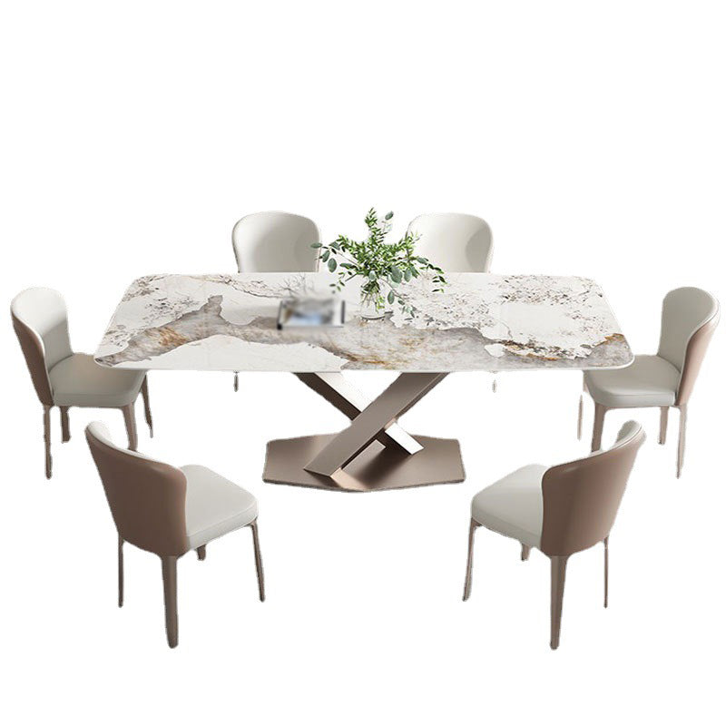 Pedestal 1/2/5/7 Pieces Dining Table Set Stainless Steel Dining Table and Chairs 7 Pieces: Table, 6 Chairs Clearhalo 'Dining Room Sets' 'Dining Tables & Seating' 'dining_room_set' 'furn' 'furn_dining_room_set' 'Furniture' 'furniture_dining_room_set' 'Kitchen & Dining Furniture' 'kitchen&dining_furn' 'kitchen' 4655072