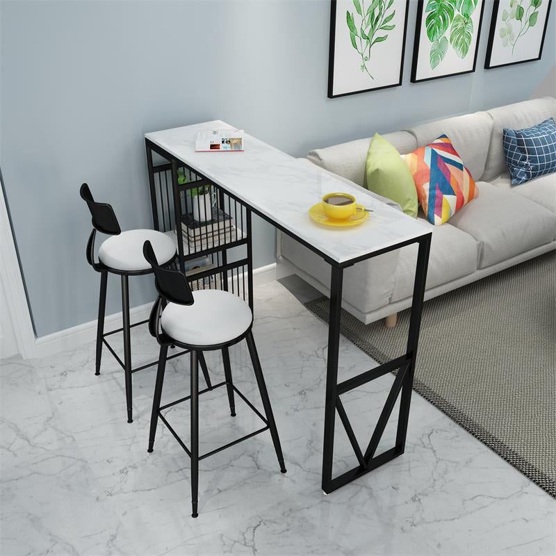 White and Black Glam Style Bar Table in Marble and Metal Milk Tea Shop Bar Table 70.9"L x 15.7"W x 41.3"H Black Without Chairs Clearhalo 'Bar Furniture' 'Bar Tables' 'bar_tables' 'furn' 'furn_bar_tables' 'Furniture' 'furniture_bar_tables' 'Kitchen & Dining Furniture' 4664200