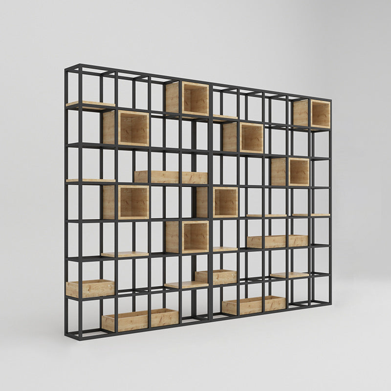 Modern Open Etagere Bookshelf with Black Iron Frame Pine Wood Shelf 106"L x 10"W x 83"H Clearhalo 'Bookcases' 'Furniture' 'furniture_bookcases' 'kitchen' 'kitchen_bookcases' 'Living Room Furniture' 'Office Furniture' 4669548