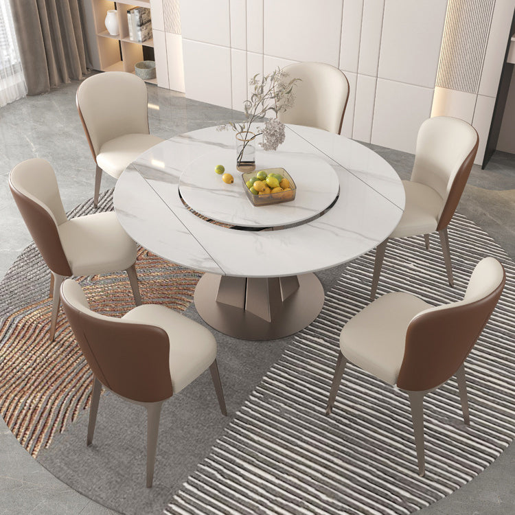 1/2/5/7 Pieces Round Glam Stone Furniture Standard Height Dining Table Set 7 Pieces: Table, 6 White Chairs Clearhalo 'Dining Room Sets' 'Dining Tables & Seating' 'dining_room_set' 'furn' 'furn_dining_room_set' 'Furniture' 'furniture_dining_room_set' 'Kitchen & Dining Furniture' 'kitchen&dining_furn' 'kitchen' 4684377