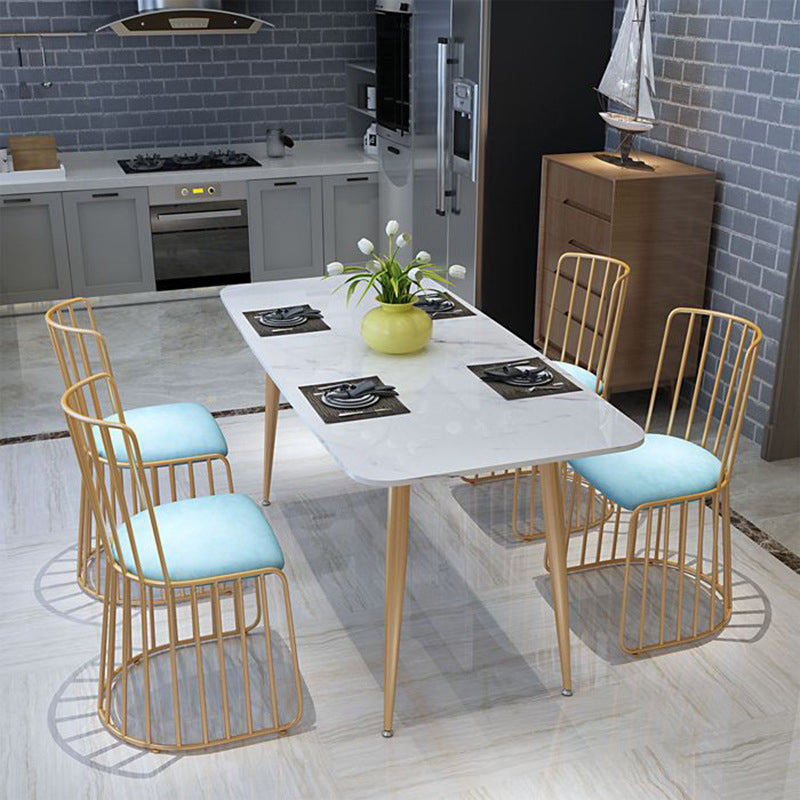 Glam Style 1/4/5 Pieces Dining Set Marble Table Kitchen Set for Dining Room 5 Pieces: Table, 4 Blue Chairs Clearhalo 'Dining Room Sets' 'Dining Tables & Seating' 'dining_room_set' 'furn' 'furn_dining_room_set' 'Furniture' 'furniture_dining_room_set' 'Kitchen & Dining Furniture' 'kitchen&dining_furn' 'kitchen' 4684412