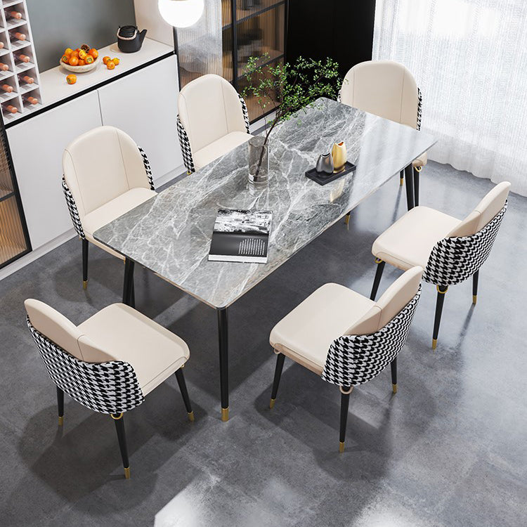 1/4/7 Pieces Stone Table with Leather Chairs Scandinavian Dining Table Set 7 Pieces: Grey Table, 6 White Chairs Clearhalo 'Dining Room Sets' 'Dining Tables & Seating' 'dining_room_set' 'furn' 'furn_dining_room_set' 'Furniture' 'furniture_dining_room_set' 'Kitchen & Dining Furniture' 'kitchen&dining_furn' 'kitchen' 4684590