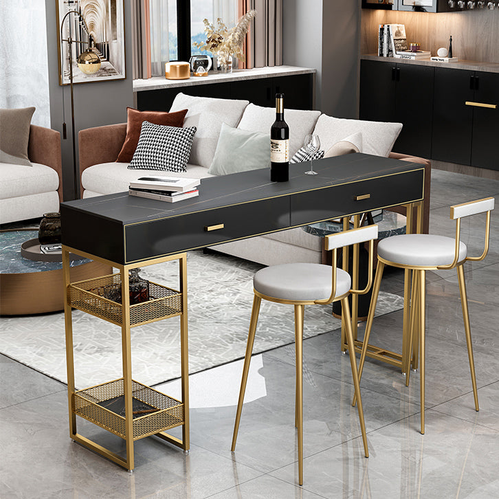 Marble Bistro Bar Desk with Rectangle Table Top White Double Pedestal Table-41.3" H 47.2"L x 15.7"W x 41.3"H Gold-Black Stone Clearhalo 'Bar Furniture' 'Bar Tables' 'bar_tables' 'furn' 'furn_bar_tables' 'Furniture' 'furniture_bar_tables' 'Kitchen & Dining Furniture' 4684797