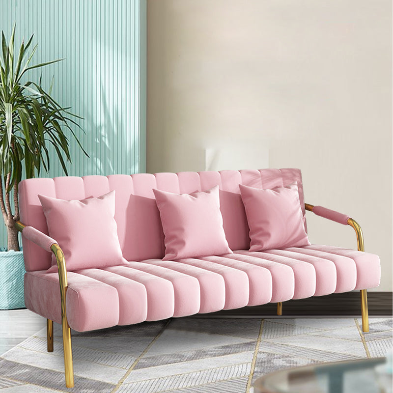 Sewn Pillow Back Velvet Sofa 28.35" High Metal Brass Arm Sofa Pink 28"H x 67"L x 23"W Clearhalo 'Furniture' 'furniture_sofas' 'kitchen' 'kitchen_sofas' 'Living Room Furniture' 'Sofa' 'sofas' 4688971