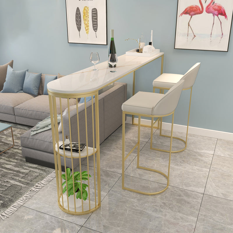 Marble Pub Table with Specialty Table Top Double Pedestal Table- 41.3" H 78.7"L x 15.7"W x 41.3"H White-Gold Without Chairs Clearhalo 'Bar Furniture' 'Bar Tables' 'bar_tables' 'furn' 'furn_bar_tables' 'Furniture' 'furniture_bar_tables' 'Kitchen & Dining Furniture' 4691955