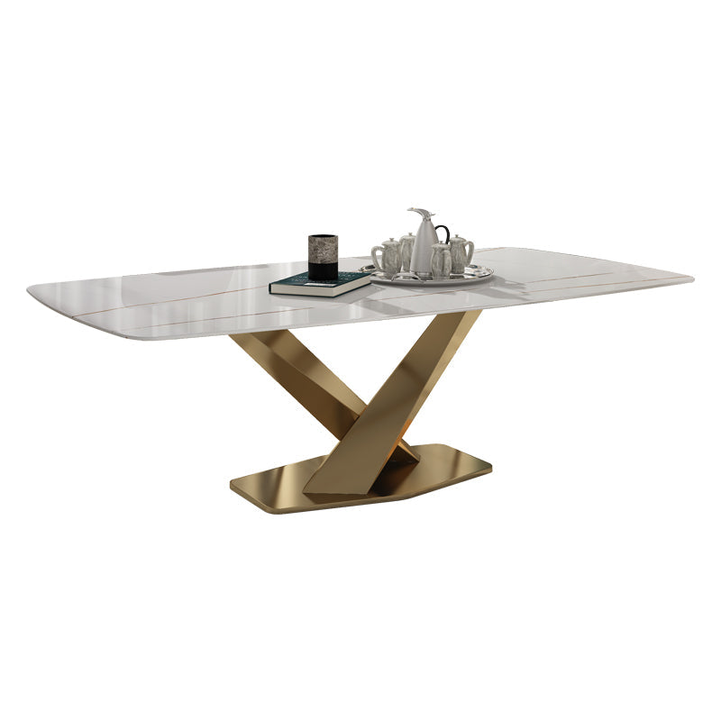 Rectangle Sintered Stone Top Dining Table Luxury Table with Pedestal Base White Gold Without Chairs Clearhalo ' dining_table' 'Dining Tables & Seating' 'Dining Tables' 'furn' 'furn_dining_table' 'Furniture' 'furniture_dining_table' 'Kitchen & Dining Furniture' 'kitchen&dining_furn' 'kitchen' 'kitchen_dining_table' 4693697
