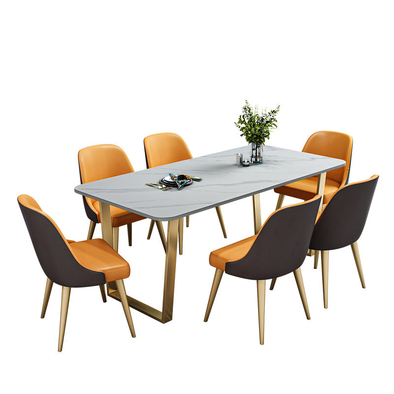 Nordic 1/2/5/7 Pieces Dining Set Sintered Stone Dining Table with Chairs 7 Pieces: White Table, 6 Orange Chairs Clearhalo 'Dining Room Sets' 'Dining Tables & Seating' 'dining_room_set' 'furn' 'furn_dining_room_set' 'Furniture' 'furniture_dining_room_set' 'Kitchen & Dining Furniture' 4706454