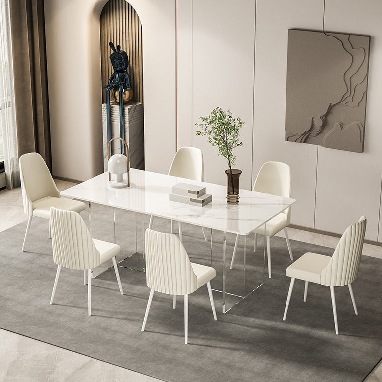 1/2/5/7 Pieces White Dining Set Sintered Stone Rectangle Dining Set with Leather Chairs 7 Pieces: Table, 6 Chairs Clearhalo 'Dining Room Sets' 'Dining Tables & Seating' 'dining_room_set' 'furn' 'furn_dining_room_set' 'Furniture' 'furniture_dining_room_set' 'Kitchen & Dining Furniture' 4706714