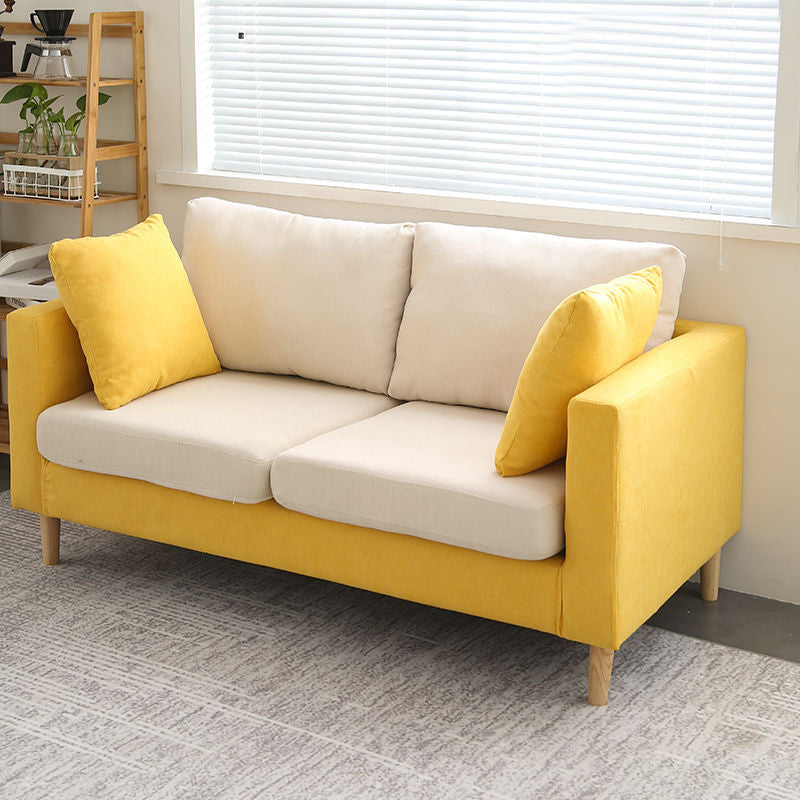 Loose Back Square Arm Sofa Nordic 24.4" D Slipcovered Loveseat Yellow White Clearhalo 'furn' 'furn_sofas' 'Furniture' 'furniture_sofas' 'kitchen' 'kitchen_sofas' 'Living Room Furniture' 'Sofa' 'sofas' 4740380