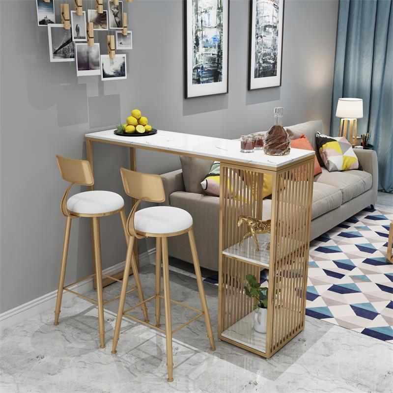 Stone Top Bar Table Traditional Luxury Rectangle Bar Table with Sled Base 70.9"L x 15.7"W x 41.3"H Gold Without Chairs Clearhalo 'Bar Furniture' 'Bar Tables' 'bar_tables' 'furn' 'furn_bar_tables' 'Furniture' 'furniture_bar_tables' 'Kitchen & Dining Furniture' 4744272