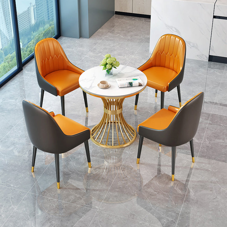 Glam Style 1/2/3/4/5 Pieces Dining Set Sintered Stone Dining Table Set 5 Pieces: White-gold Table, 4 Orange Chairs Clearhalo 'Dining Room Sets' 'Dining Tables & Seating' 'dining_room_set' 'furn' 'furn_dining_room_set' 'Furniture' 'furniture_dining_room_set' 'Kitchen & Dining Furniture' 4745434