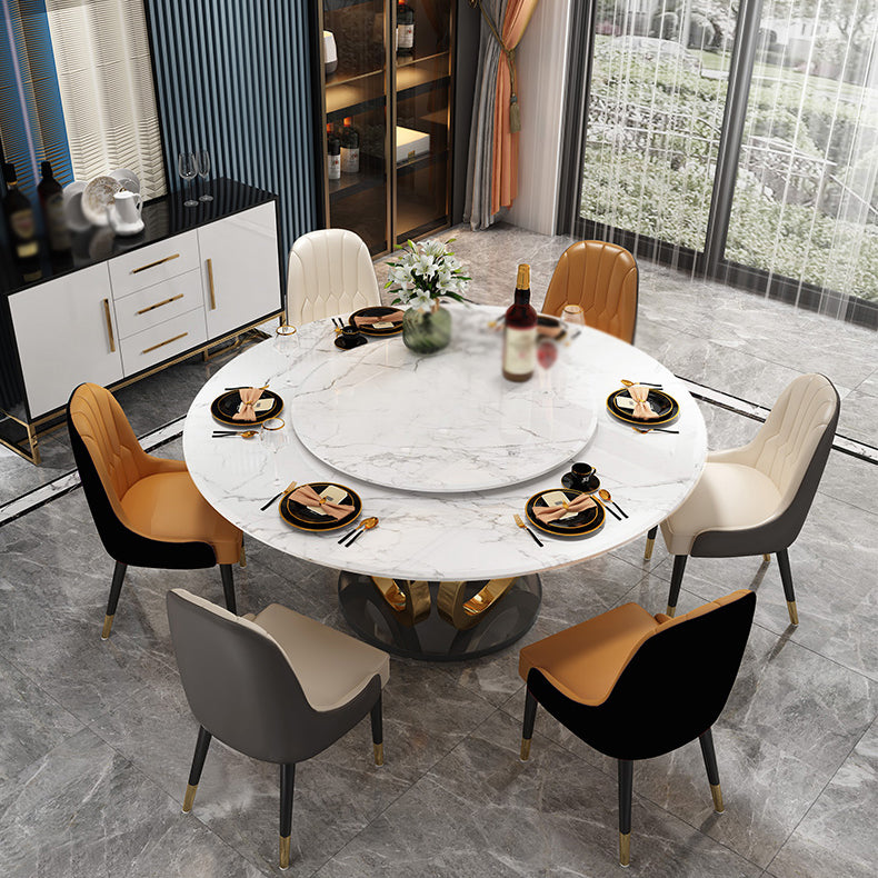 Glam 1/4/7 Pieces Round Dinette Set Sintered Stone Top Dining Table Set with Turntable 7 Pieces: Table, 3 White+3 Orange Chairs Clearhalo 'Dining Room Sets' 'Dining Tables & Seating' 'dining_room_set' 'furn' 'furn_dining_room_set' 'Furniture' 'furniture_dining_room_set' 'Kitchen & Dining Furniture' 4745460
