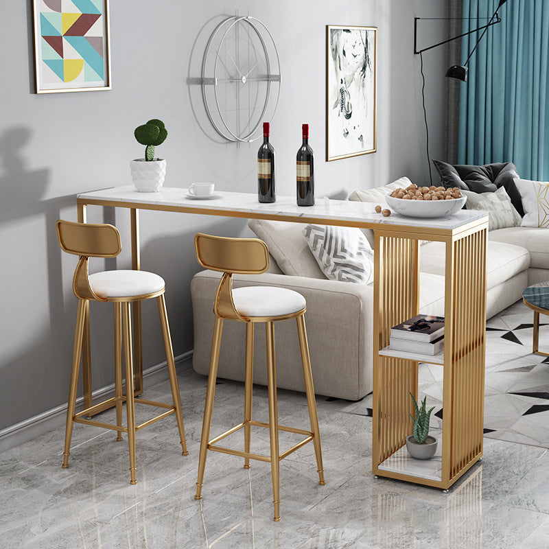 Rectangle Stone Bar Dining Table Industrial Bar Dining Table with Sled Base 70.9"L x 15.7"W x 41.3"H Gold White Clearhalo 'Bar Furniture' 'Bar Tables' 'bar_tables' 'furn' 'furn_bar_tables' 'Furniture' 'furniture_bar_tables' 'Kitchen & Dining Furniture' 4759833