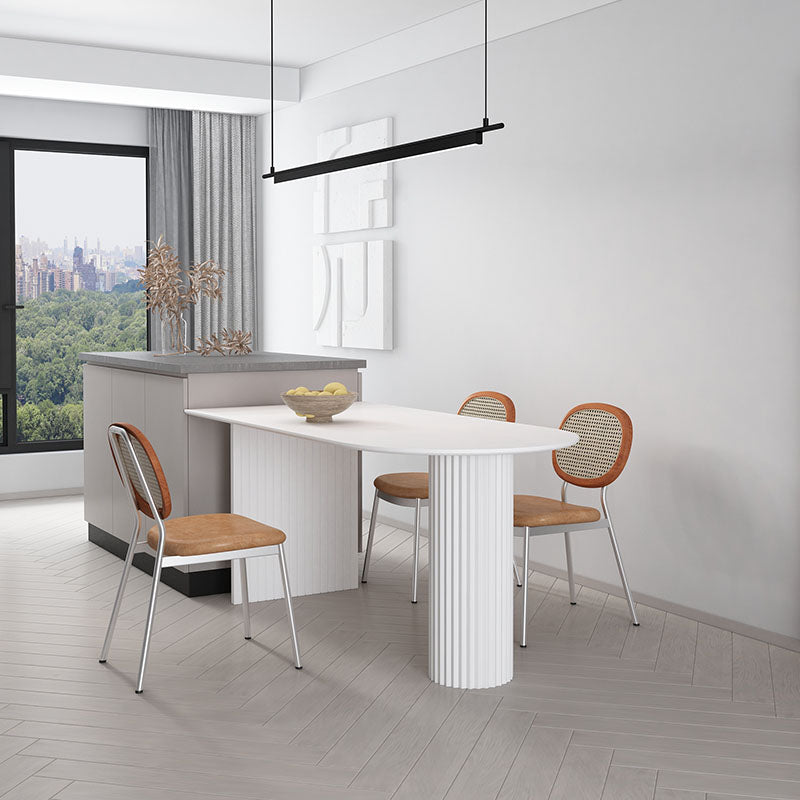 Irregular Shape Indoor Table for Restaurant Modern Island Table with Double Pedestal White 59.1"L x 27.6"W x 29.5"H Without Chairs Clearhalo 'Dining Tables & Seating' 'Dining Tables' 'dining_table' 'furn' 'furn_dining_table' 'Furniture' 'furniture_dining_table' 'Kitchen & Dining Furniture' 'kitchen' 'kitchen_dining_table' 4760618