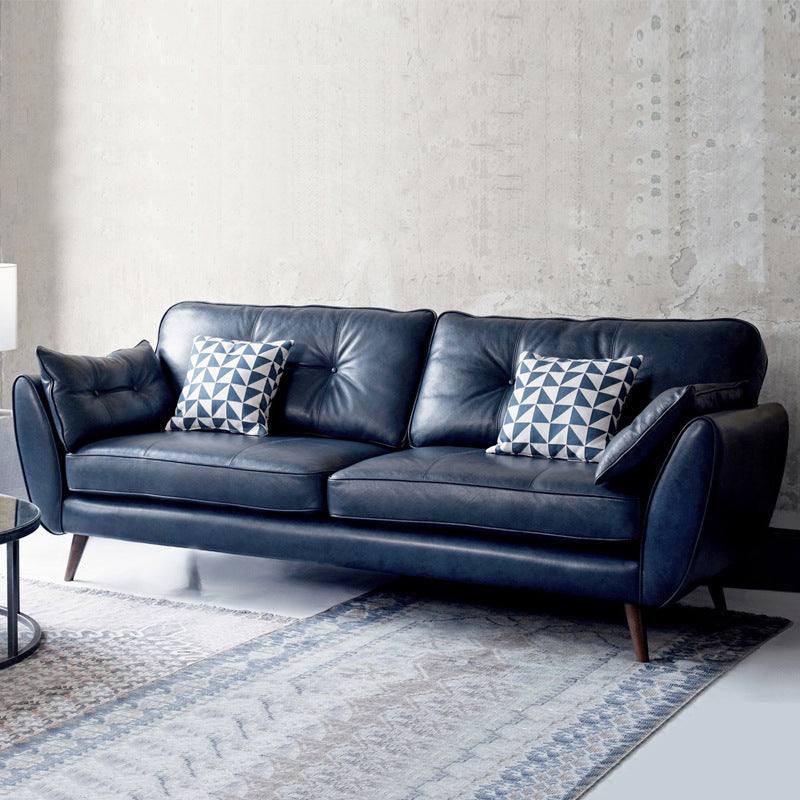 Wood Legs Modern Flared Arm Sofa Leather Standard Tufted Sofa 89"L x 35"W x 35"H Blue Clearhalo 'furn' 'furn_sofas' 'Furniture' 'furniture_sofas' 'kitchen' 'kitchen_sofas' 'Living Room Furniture' 'Sofa' 'sofas' 4764135