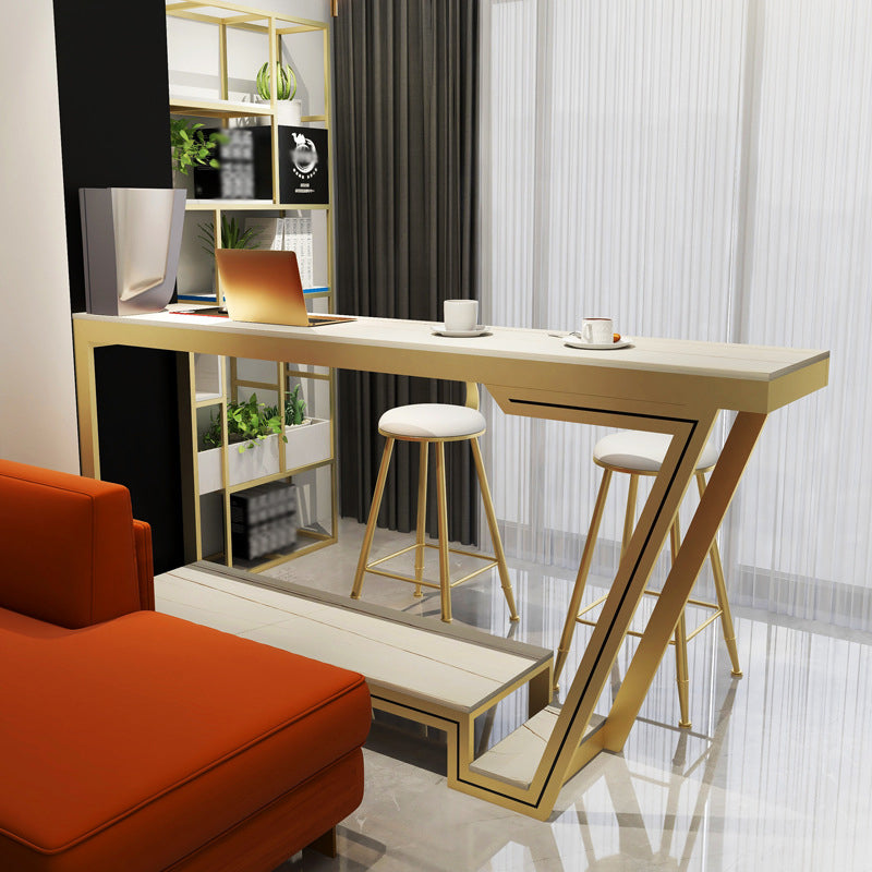 Rectangle Stone Top Bar Dining Table Traditional Luxury Bar Table with Trestle Base 70.9"L x 15.7"W x 41.3"H White Without Chairs Clearhalo 'Bar Furniture' 'Bar Tables' 'bar_tables' 'furn' 'furn_bar_tables' 'Furniture' 'furniture_bar_tables' 'Kitchen & Dining Furniture' 4768733