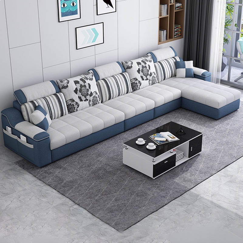 White/Blue Pillow Top Arm Pillowed Back Cushions Sectional Furniture 130"L x 57"W x 35"H Latex Clearhalo 'furn' 'furn_sectionals' 'Furniture' 'furniture_sectionals' 'kitchen' 'kitchen_sectionals' 'Living Room Furniture' 'Sectionals' 4773227
