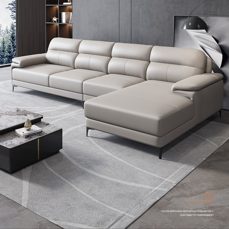 Contemporary Light Grey Sofa with Pillow Top Arm for Apartment 35.43" 142"L x 67"W x 35"H Genuine Leather Clearhalo 'furn' 'furn_sectionals' 'Furniture' 'furniture_sectionals' 'kitchen' 'kitchen_sectionals' 'Living Room Furniture' 'Sectionals' 4773435