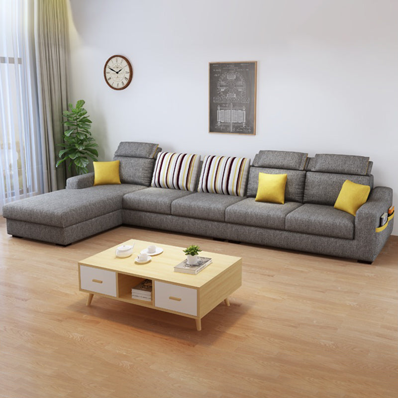 Grey Contemporary Sloped Arm Sofa with Bolster Pillows for Living Room 134"L x 63"W x 37"H Faux Leather Clearhalo 'furn' 'furn_sectionals' 'Furniture' 'furniture_sectionals' 'kitchen' 'kitchen_sectionals' 'Living Room Furniture' 'Sectionals' 4773516