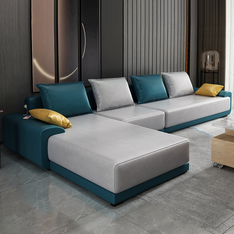 Contemporary Removable Cushions Loose Back Sofa with Reversible Chaise for Living Room Dark Blue Faux Leather Clearhalo 'furn' 'furn_sectionals' 'Furniture' 'furniture_sectionals' 'kitchen' 'kitchen_sectionals' 'Living Room Furniture' 'Sectionals' 4773900