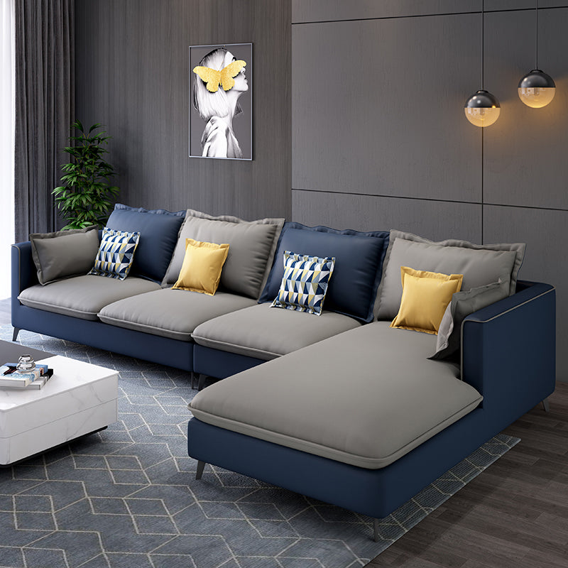 129.92" D x 70.86" W x 35.43" H Faux Leather Square Arm Sofa with Bolster Pillows Gray-Dark Blue Clearhalo 'furn' 'furn_sectionals' 'Furniture' 'furniture_sectionals' 'kitchen' 'kitchen_sectionals' 'Living Room Furniture' 'Sectionals' 4774153