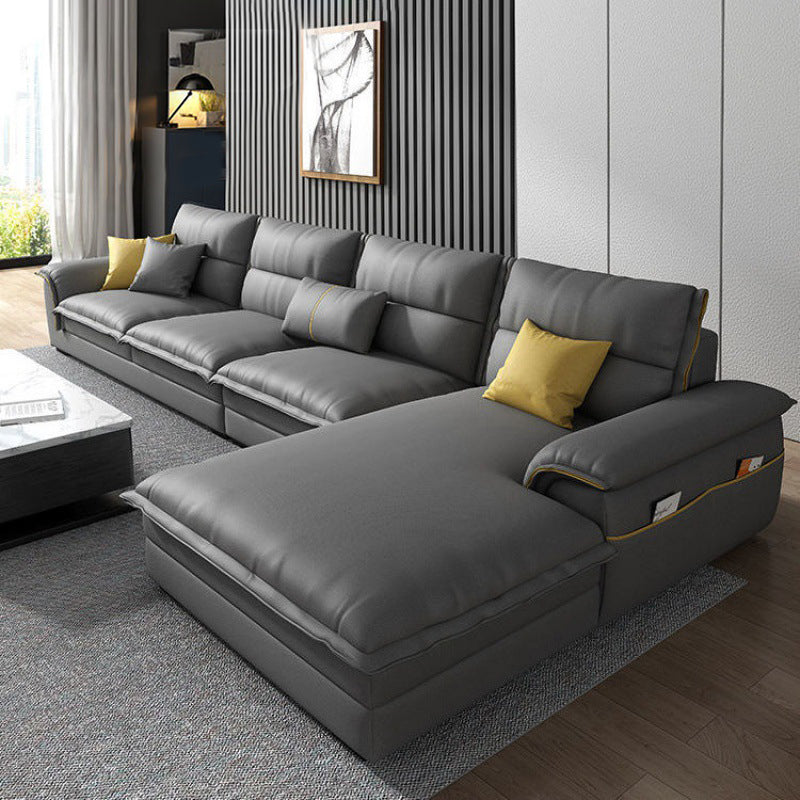Contemporary Reversible Chaise Sofa with Removable Cushions Slipcovered Sofa Grey Faux Leather Clearhalo 'furn' 'furn_sectionals' 'Furniture' 'furniture_sectionals' 'kitchen' 'kitchen_sectionals' 'Living Room Furniture' 'Sectionals' 4774363