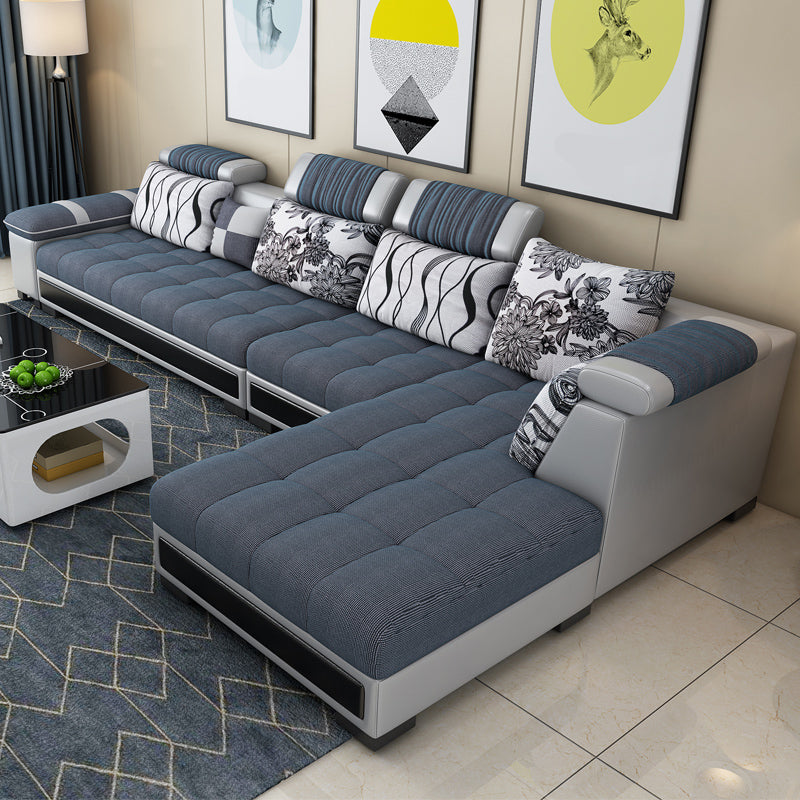 Contemporary Sewn Pillow Back Sofa 138.83"D x 68.9"W x 35.43"H Pillow Top Arm Sofa Light Gray Latex Clearhalo 'furn' 'furn_sectionals' 'Furniture' 'furniture_sectionals' 'kitchen' 'kitchen_sectionals' 'Living Room Furniture' 'Sectionals' 4774497