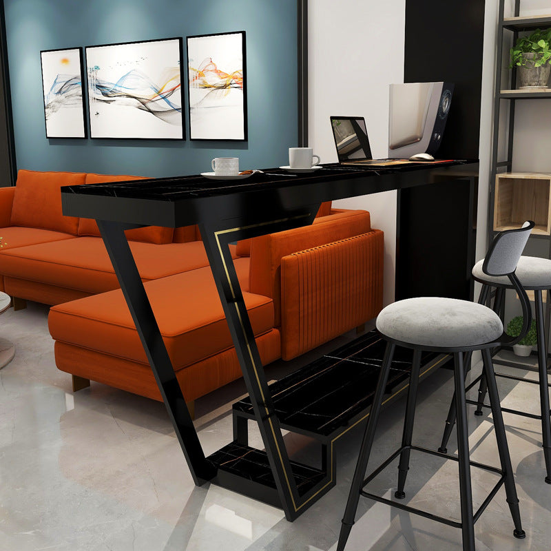 Nordic Glam Rectangle Bar Counter Table Sintered Stone Dining Table for Home 70.9"L x 15.7"W x 41.3"H Black Without Chairs Clearhalo 'Bar Furniture' 'Bar Tables' 'bar_tables' 'furn' 'furn_bar_tables' 'Furniture' 'furniture_bar_tables' 'Kitchen & Dining Furniture' 4779913