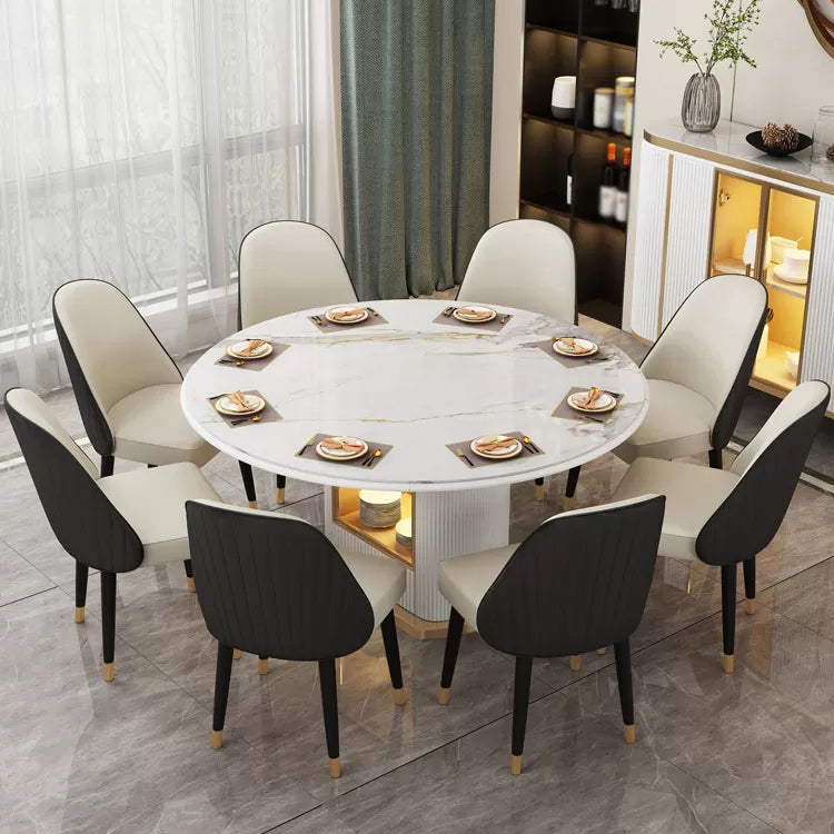 Glam 1/4/7/9 Pieces Scalable Dinette Set with Sintered Stone Top Round Dining Table Set 9 Pieces: Table, 8 Chairs Clearhalo 'Dining Room Sets' 'Dining Tables & Seating' 'dining_room_set' 'furn' 'furn_dining_room_set' 'Furniture' 'furniture_dining_room_set' 'Kitchen & Dining Furniture' 4780590