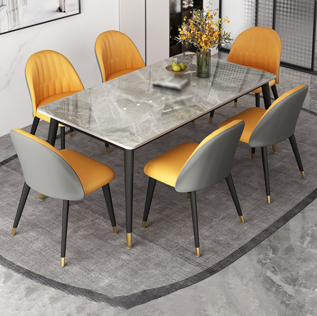 Glam Rectangle Dinette Set 1/4/5/7 Pieces Dining Table Set with Grey Sintered Stone Top 7 Pieces: Table, 6 Orange Chairs Clearhalo 'Dining Room Sets' 'Dining Tables & Seating' 'dining_room_set' 'furn' 'furn_dining_room_set' 'Furniture' 'furniture_dining_room_set' 'Kitchen & Dining Furniture' 4780796