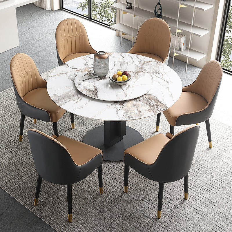 Modern Round Dinette Set 1/4/5/7 Pieces Black Dining Table Set with Sintered Stone Top 7 Pieces: Table, 6 Chairs Clearhalo 'Dining Room Sets' 'Dining Tables & Seating' 'dining_room_set' 'furn' 'furn_dining_room_set' 'Furniture' 'furniture_dining_room_set' 'Kitchen & Dining Furniture' 4780857