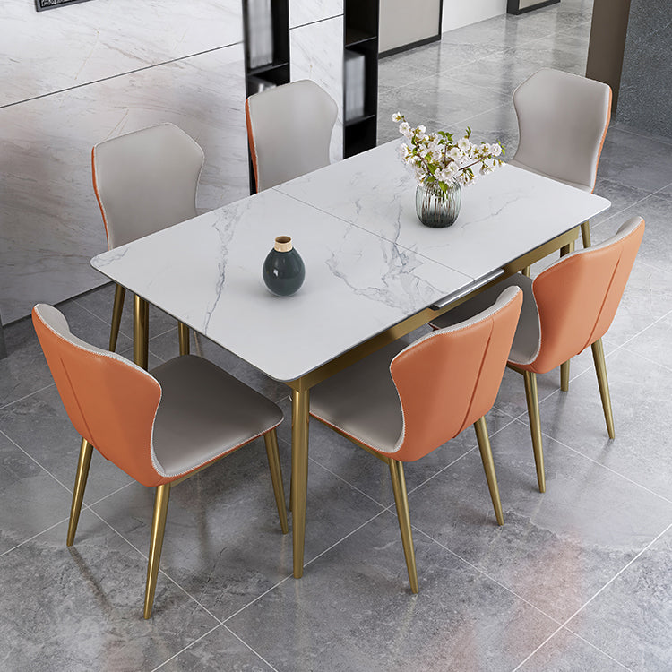 Glam Scalable Dinette Set 1/4/7 Pieces Rectangle Dining Table Set with Sintered Stone Top 7 Pieces: Table, 6 Orange-White Chairs Clearhalo 'Dining Room Sets' 'Dining Tables & Seating' 'dining_room_set' 'furn' 'furn_dining_room_set' 'Furniture' 'furniture_dining_room_set' 'Kitchen & Dining Furniture' 4780948