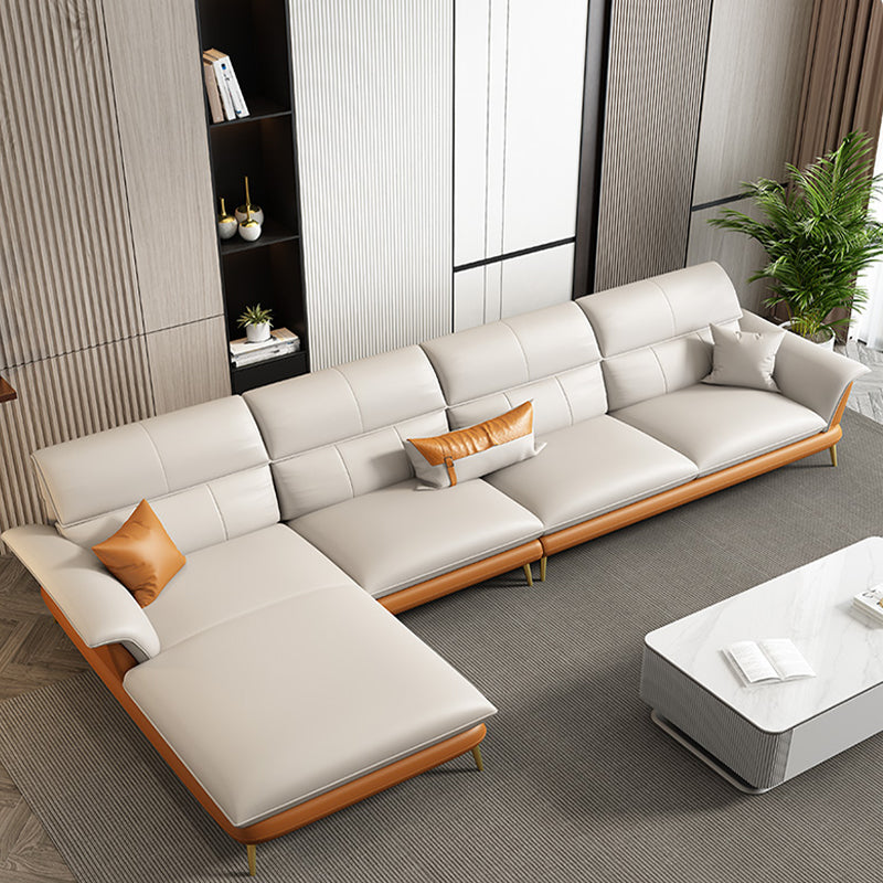 Modern Cream Genuine Leather Pillow Top Arm Sofa/Sectional for Living Room 138"L x 67"W x 33.5"H Clearhalo 'furn' 'furn_sectionals' 'Furniture' 'furniture_sectionals' 'kitchen' 'kitchen_sectionals' 'Living Room Furniture' 'Sectionals' 4785070