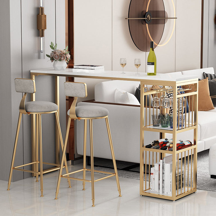 Stone Bar Table Traditional Luxury Rectangle Bar Dining Table with Sled Base 70.9"L x 15.7"W x 41.3"H Gold White Clearhalo 'Bar Furniture' 'Bar Tables' 'bar_tables' 'furn' 'furn_bar_tables' 'Furniture' 'furniture_bar_tables' 'Kitchen & Dining Furniture' 4790319