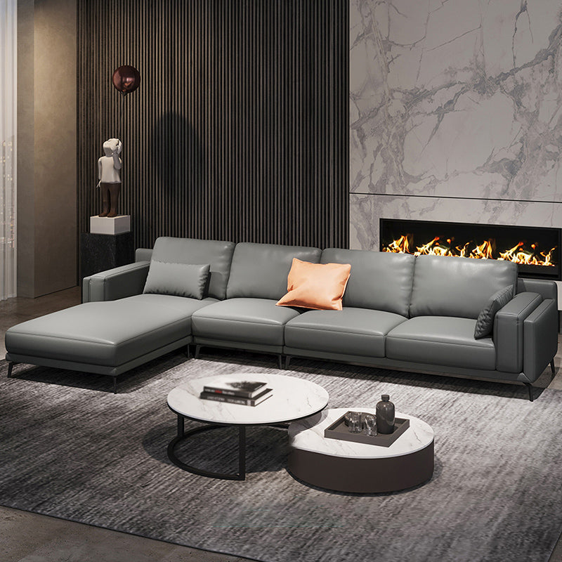 Square Arm Grey Pillowed Back Cushions Splayed Wooden Legs Sofa 139"L x 68"W x 31.5"H Down Clearhalo 'furn' 'furn_sectionals' 'Furniture' 'furniture_sectionals' 'kitchen' 'kitchen_sectionals' 'Living Room Furniture' 'Sectionals' 4796160