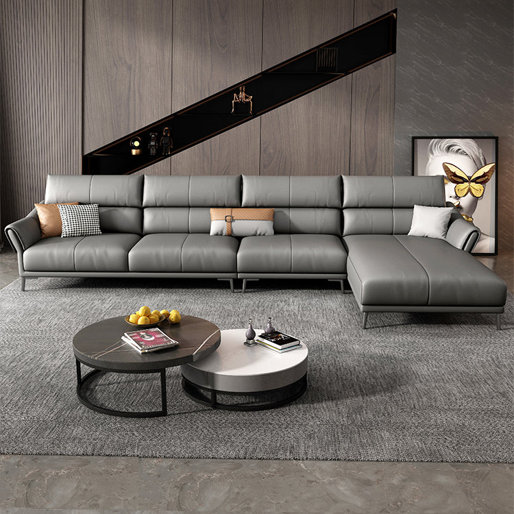 Light-grey Sewn Pillow Back Faux Leather Pillow Top Arm Sofa with Stain Resistant 144.5"L x 71"W x 39"H Latex Clearhalo 'furn' 'furn_sectionals' 'Furniture' 'furniture_sectionals' 'kitchen' 'kitchen_sectionals' 'Living Room Furniture' 'Sectionals' 4796259