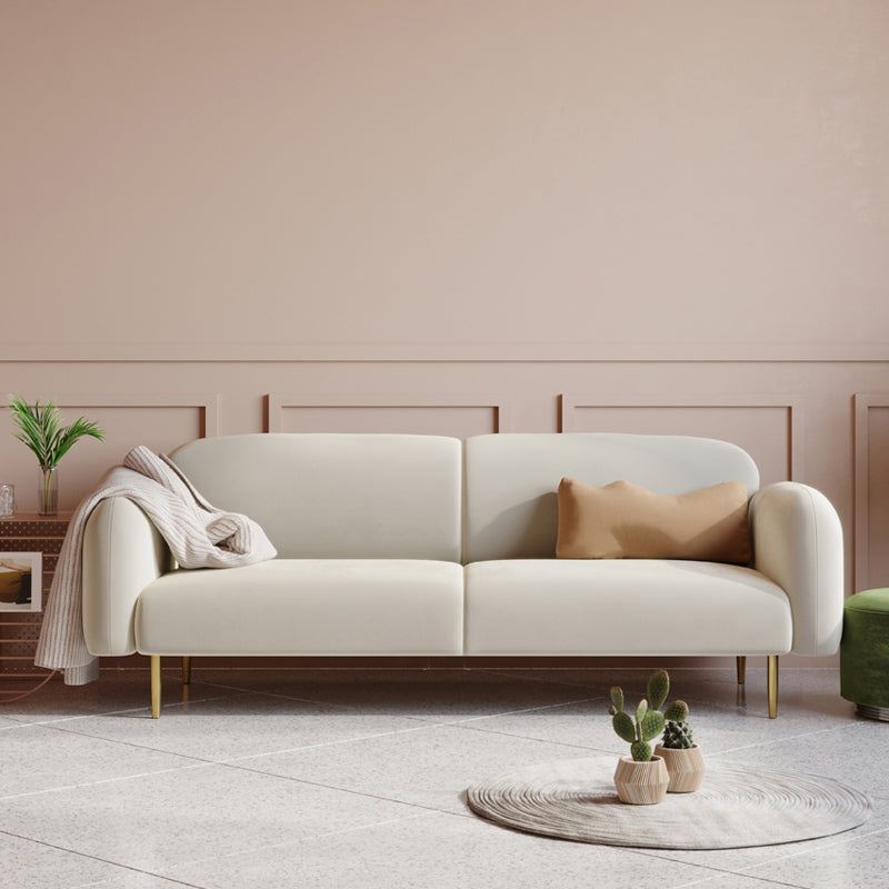 Velvet Modern Standard Sewn Pillow Back Sofa 27.5"W Square Arm with Bolster Pillows 82.5"L x 27.5"W x 29.5"H White Clearhalo 'furn' 'furn_sofas' 'Furniture' 'furniture_sofas' 'kitchen' 'kitchen_sofas' 'Living Room Furniture' 'Sofa' 'sofas' 4805032